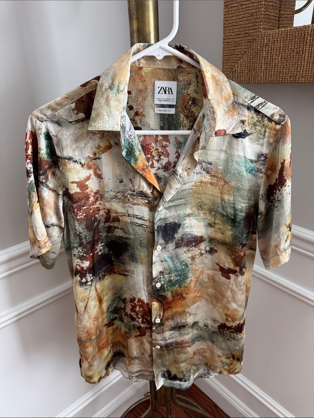 Zara Men's Short-Sleeve Button-Down Shirt — Cream, Brown, Green, Rust